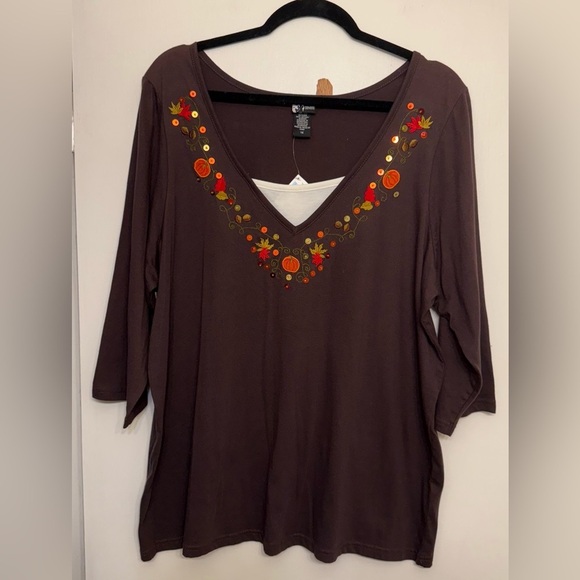 Holiday Editions Tops - Holiday Editions Chocolate Top with Embroidery